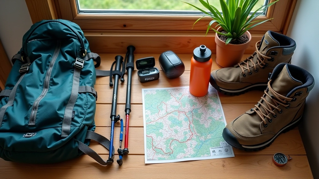Žygiui reikalingi daiktai — trekingo lazdar, kuprinė, batai ir kompasas ant medinio stalo